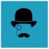 It is a stylized design in the style of the 20s and 30s, of a gentleman in black with a hat and glasses from that time, on a blue background.