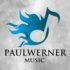Abstract background graphic, grey and black, with a blue fire and inscription Paul Werner Music in black